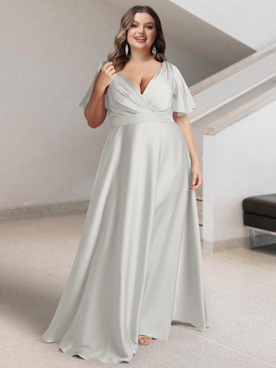 A-Line/Princess V-Neck Short Sleeves Silk Satin Plus Size Bridesmaid Dresses with Pockets - 画像 (10)