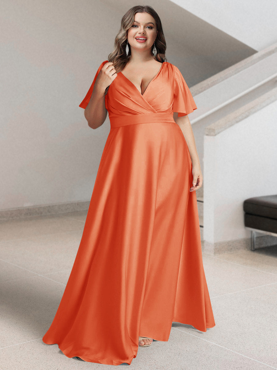 A-Line/Princess V-Neck Short Sleeves Silk Satin Plus Size Bridesmaid Dresses with Pockets - 画像 (49)