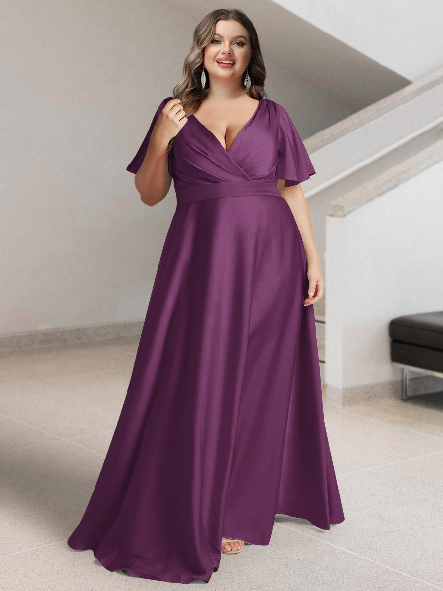 A-Line/Princess V-Neck Short Sleeves Silk Satin Plus Size Bridesmaid Dresses with Pockets - 画像 (29)