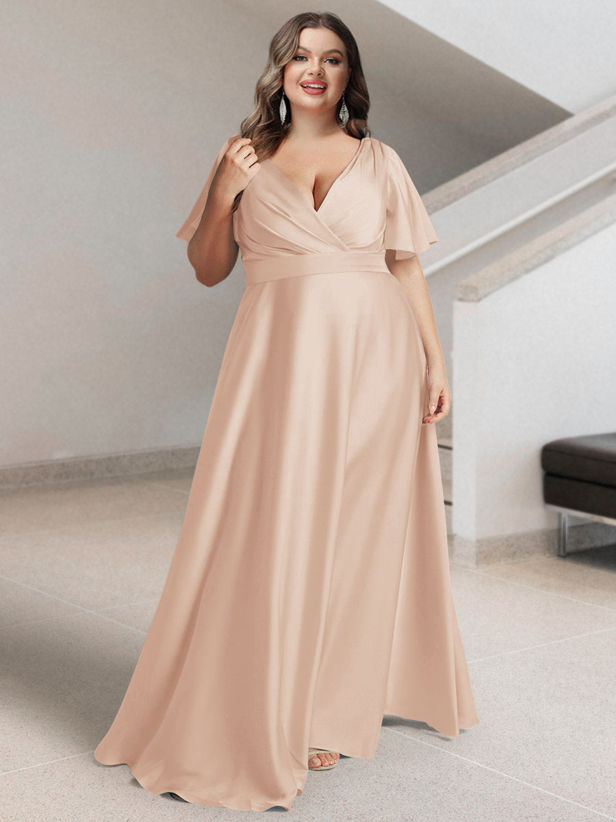 A-Line/Princess V-Neck Short Sleeves Silk Satin Plus Size Bridesmaid Dresses with Pockets - 画像 (19)