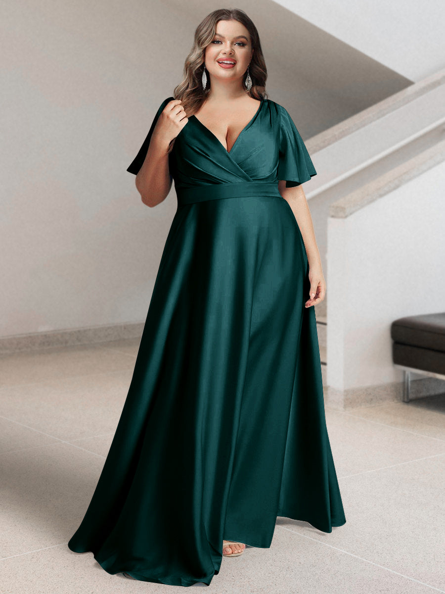 A-Line/Princess V-Neck Short Sleeves Silk Satin Plus Size Bridesmaid Dresses with Pockets - 画像 (45)