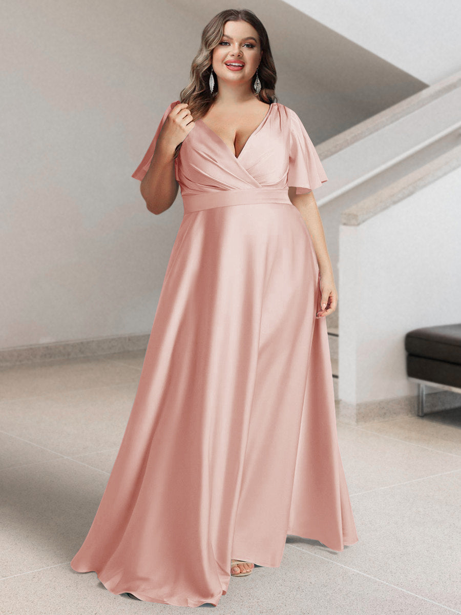 A-Line/Princess V-Neck Short Sleeves Silk Satin Plus Size Bridesmaid Dresses with Pockets - 画像 (16)