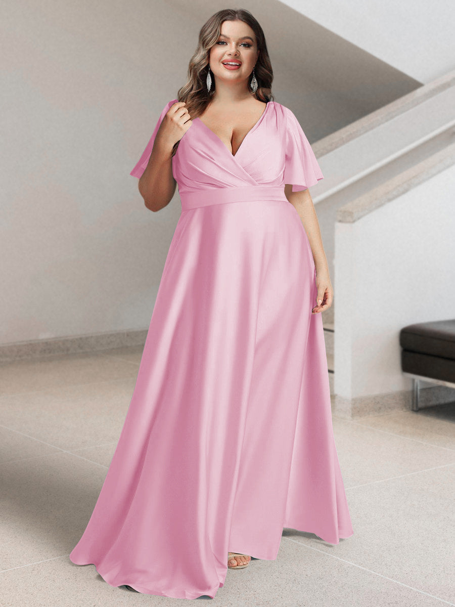 A-Line/Princess V-Neck Short Sleeves Silk Satin Plus Size Bridesmaid Dresses with Pockets - 画像 (15)