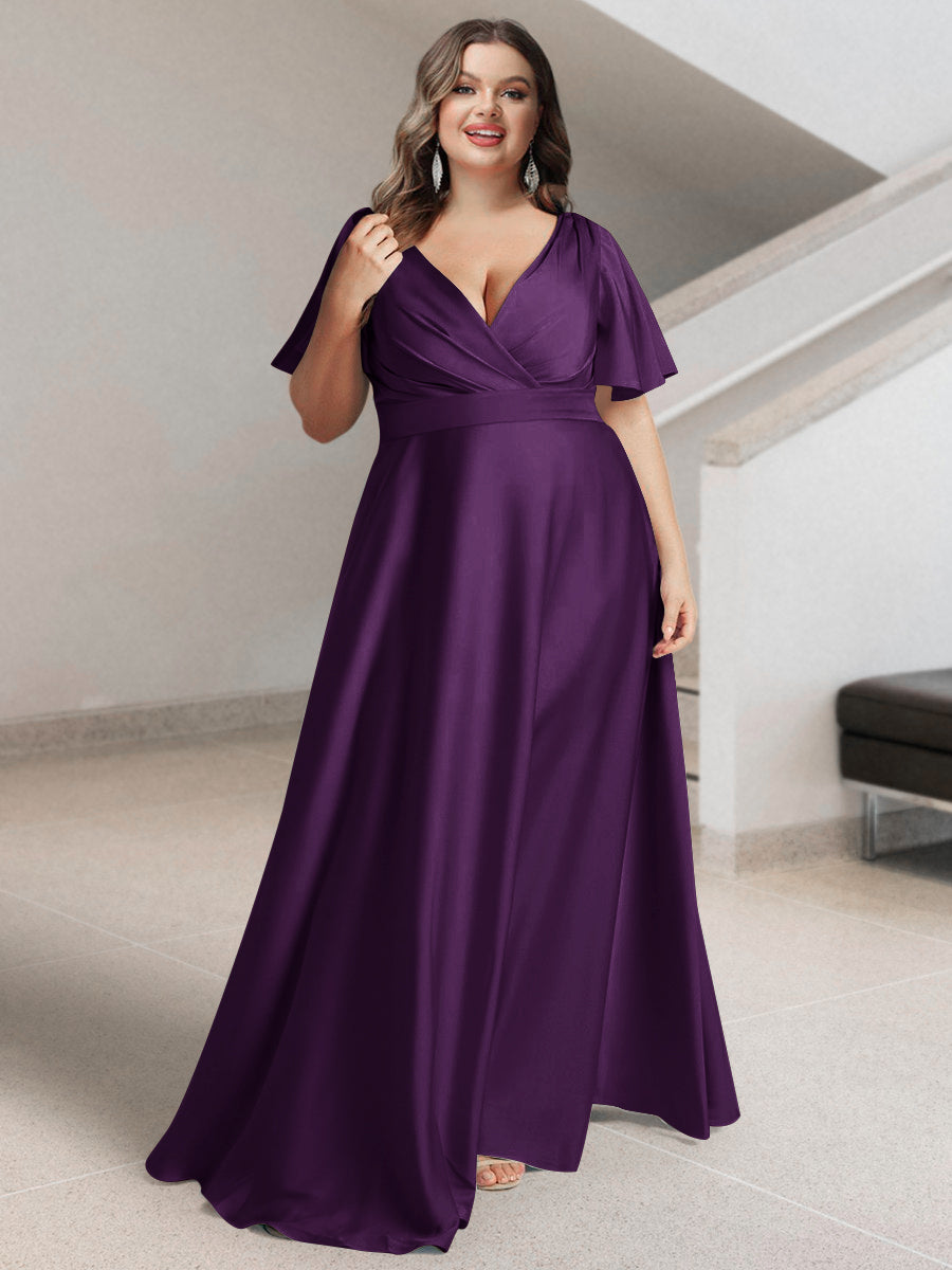 A-Line/Princess V-Neck Short Sleeves Silk Satin Plus Size Bridesmaid Dresses with Pockets - 画像 (30)