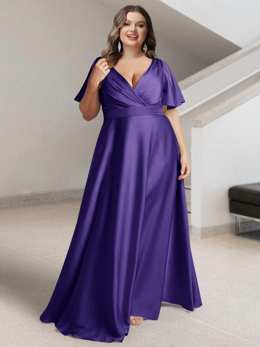 A-Line/Princess V-Neck Short Sleeves Silk Satin Plus Size Bridesmaid Dresses with Pockets - 画像 (27)