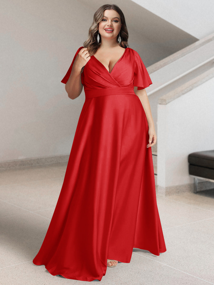A-Line/Princess V-Neck Short Sleeves Silk Satin Plus Size Bridesmaid Dresses with Pockets - 画像 (24)