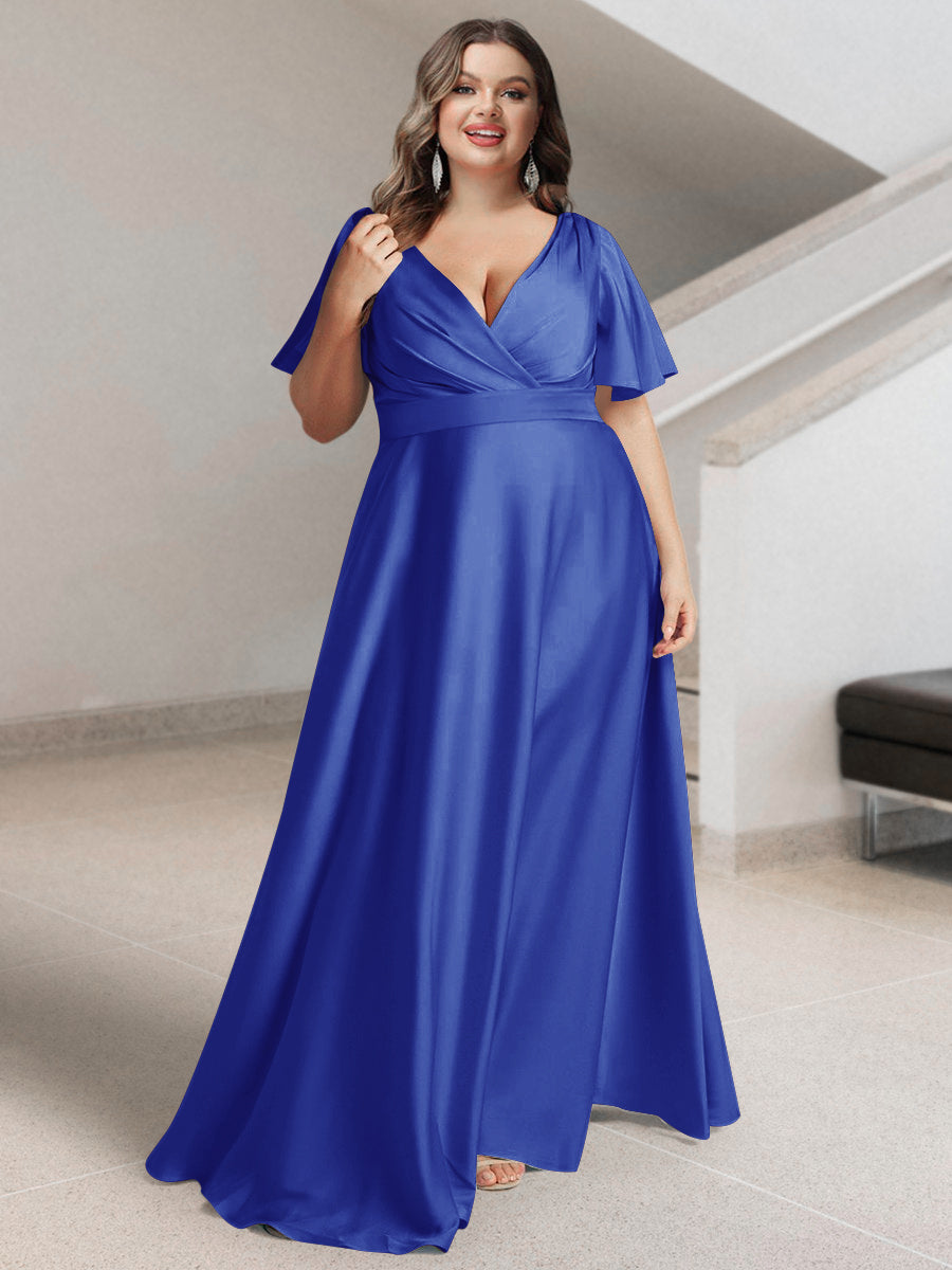 A-Line/Princess V-Neck Short Sleeves Silk Satin Plus Size Bridesmaid Dresses with Pockets - 画像 (38)