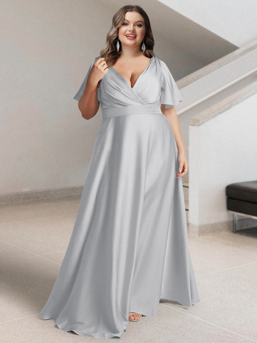 A-Line/Princess V-Neck Short Sleeves Silk Satin Plus Size Bridesmaid Dresses with Pockets - 画像 (12)