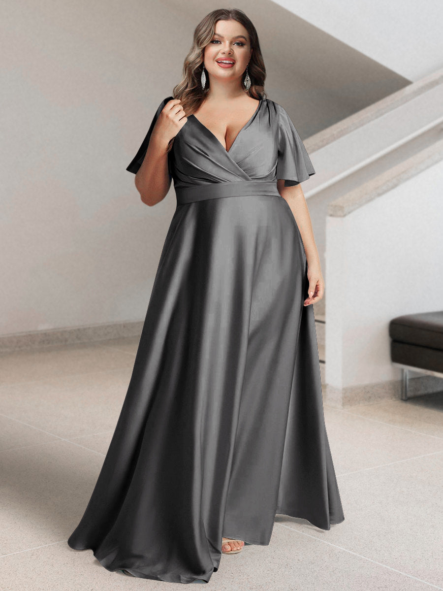 A-Line/Princess V-Neck Short Sleeves Silk Satin Plus Size Bridesmaid Dresses with Pockets - 画像 (51)