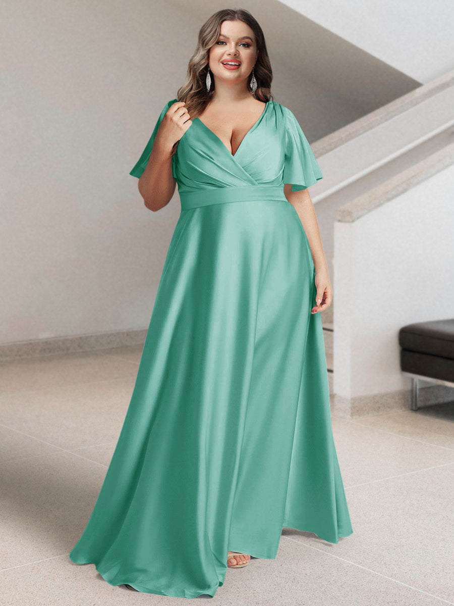 A-Line/Princess V-Neck Short Sleeves Silk Satin Plus Size Bridesmaid Dresses with Pockets - 画像 (42)