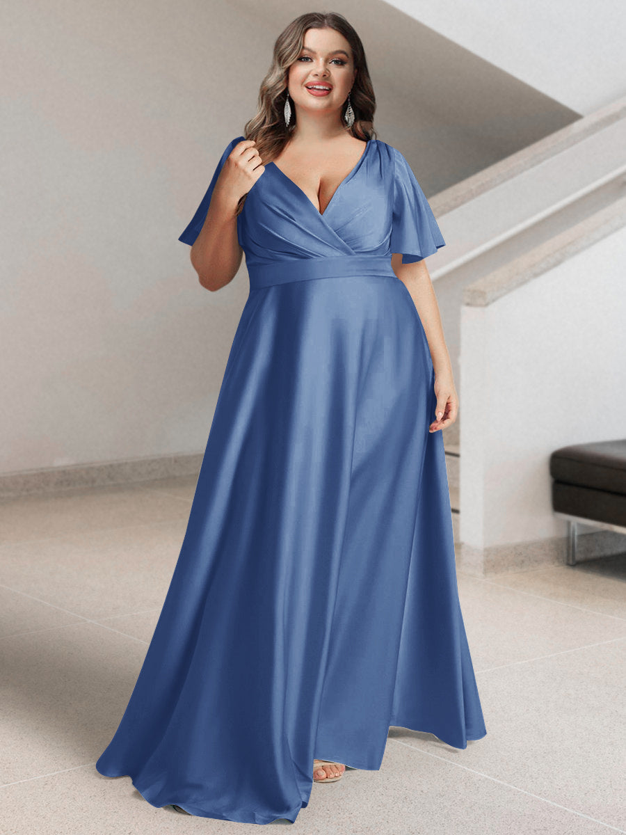 A-Line/Princess V-Neck Short Sleeves Silk Satin Plus Size Bridesmaid Dresses with Pockets - 画像 (35)