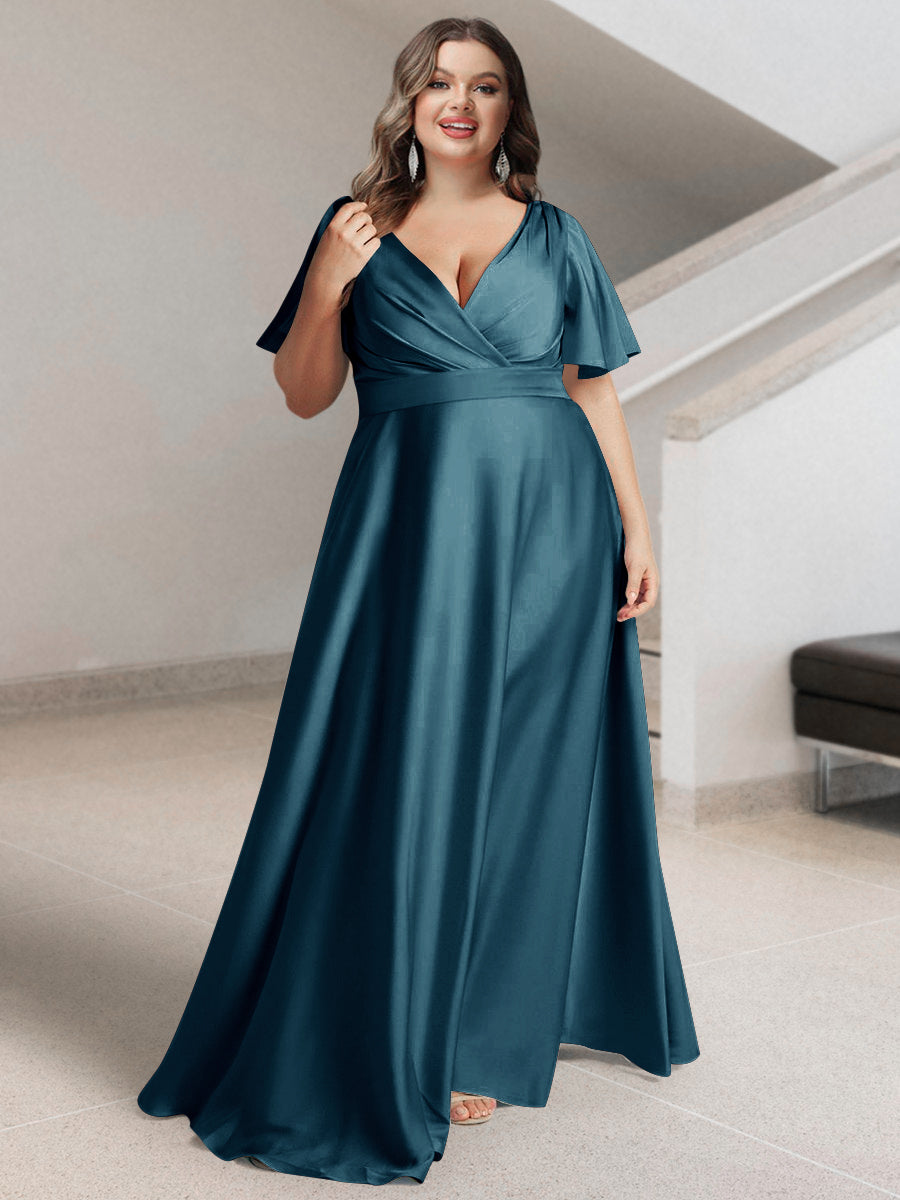A-Line/Princess V-Neck Short Sleeves Silk Satin Plus Size Bridesmaid Dresses with Pockets - 画像 (39)