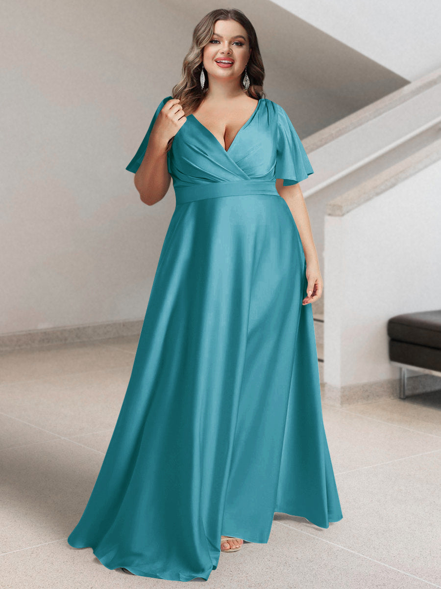 A-Line/Princess V-Neck Short Sleeves Silk Satin Plus Size Bridesmaid Dresses with Pockets - 画像 (43)