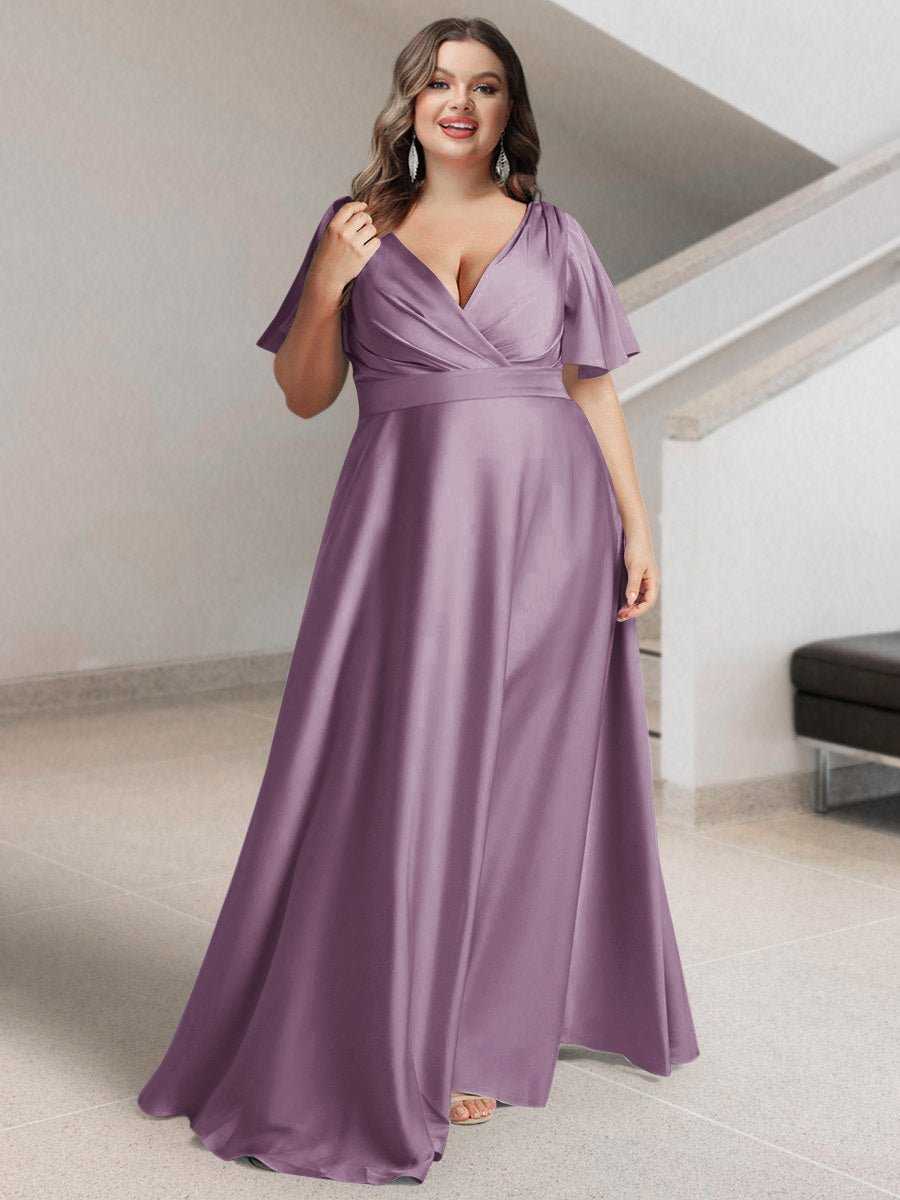 A-Line/Princess V-Neck Short Sleeves Silk Satin Plus Size Bridesmaid Dresses with Pockets - 画像 (26)