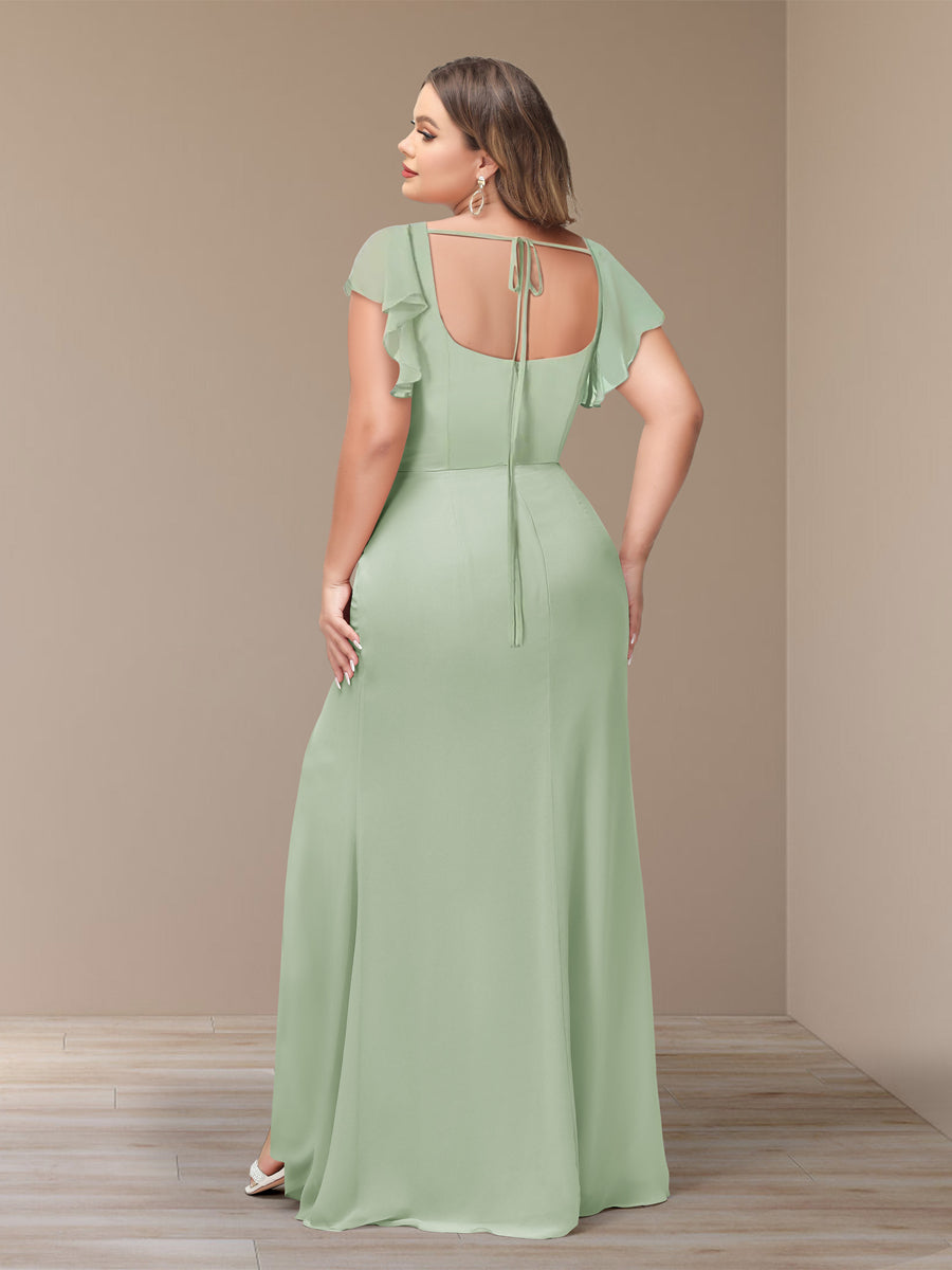 Sheath/Column Short Sleeves Chiffon Plus Size Bridesmaid Dresses with Split Side - 이미지 2