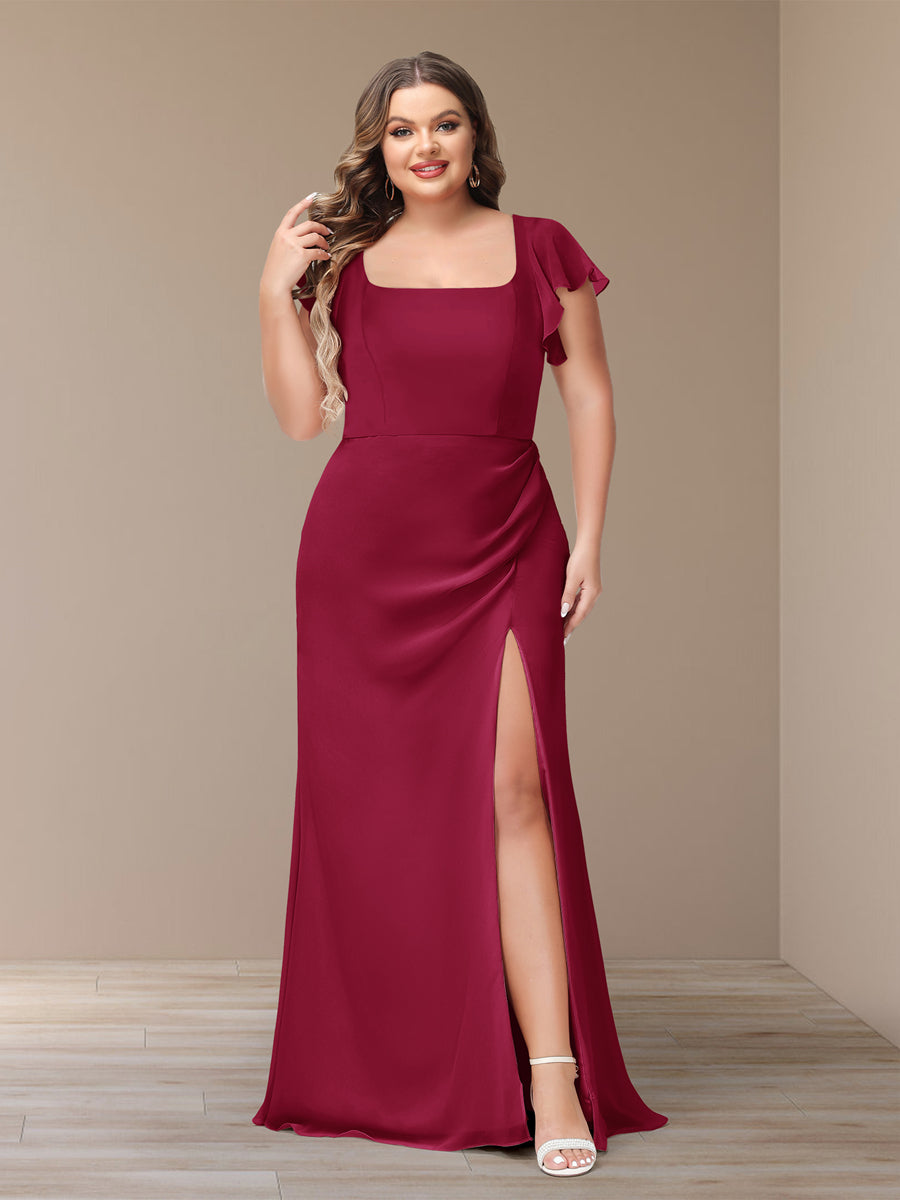 Sheath/Column Short Sleeves Chiffon Plus Size Bridesmaid Dresses with Split Side - 이미지 32