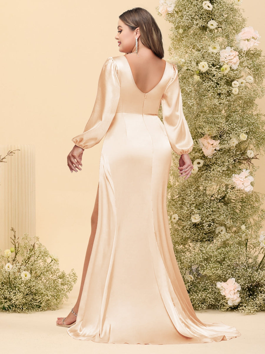 Sheath/Column V-Neck Long Sleeves Formal Plus Size Dresses with Split Side & Ruched - 画像 (2)