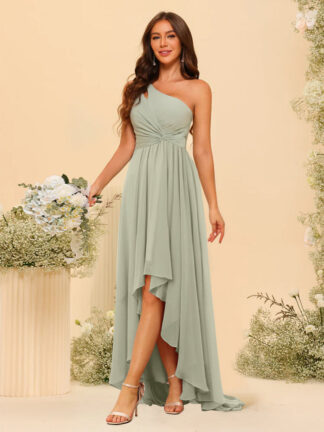 A-Line/Princess One-Shoulder Long Bridesmaid Dresses with Split Side