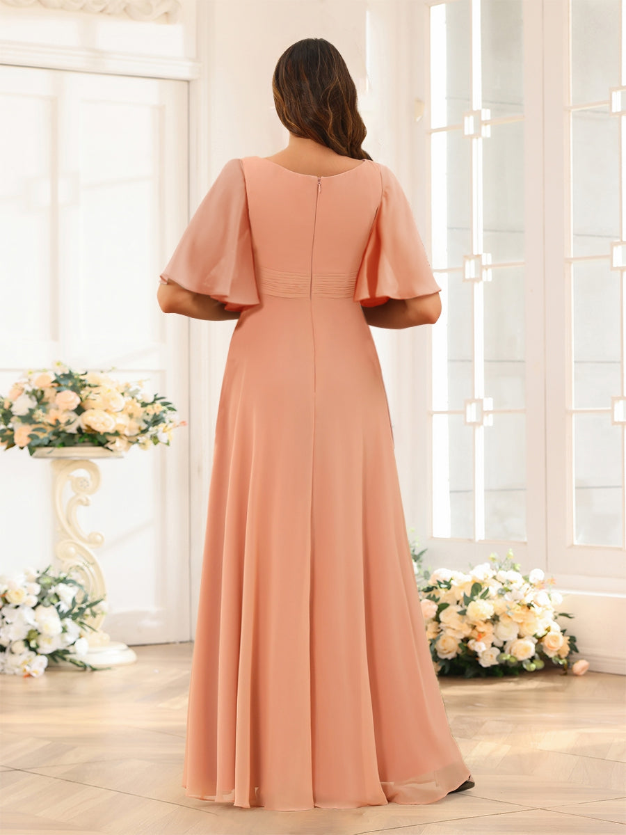 A-Line/Princess Floor-Length Short Sleeves Bridesmaid Dresses with Sash - 画像 (2)
