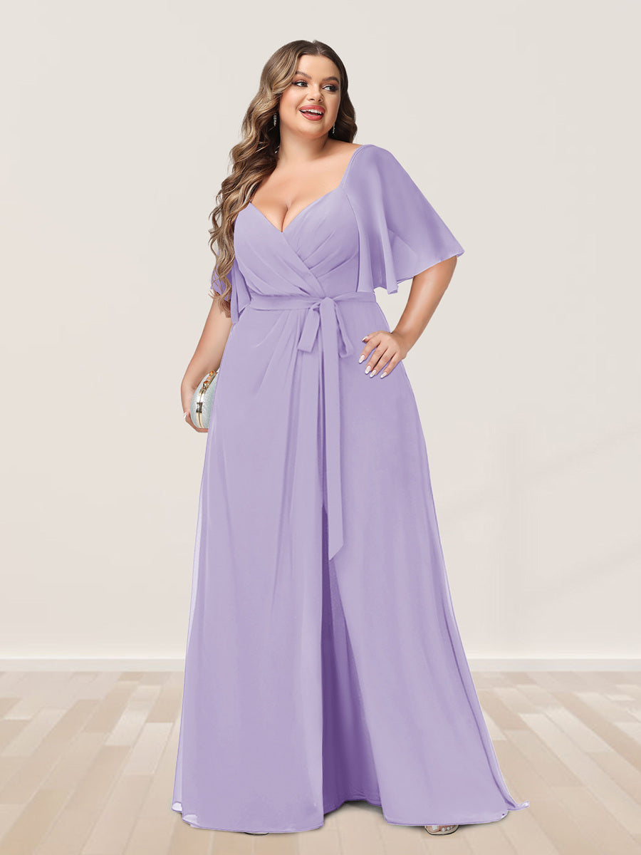 A-Line/Princess Spaghetti Straps Half Sleeves Chiffon Plus Size Bridesmaid Dresses with Pockets - 이미지 14