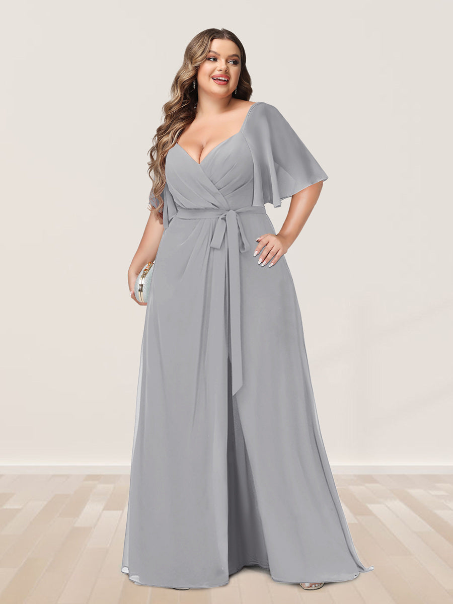 A-Line/Princess Spaghetti Straps Half Sleeves Chiffon Plus Size Bridesmaid Dresses with Pockets - 이미지 22