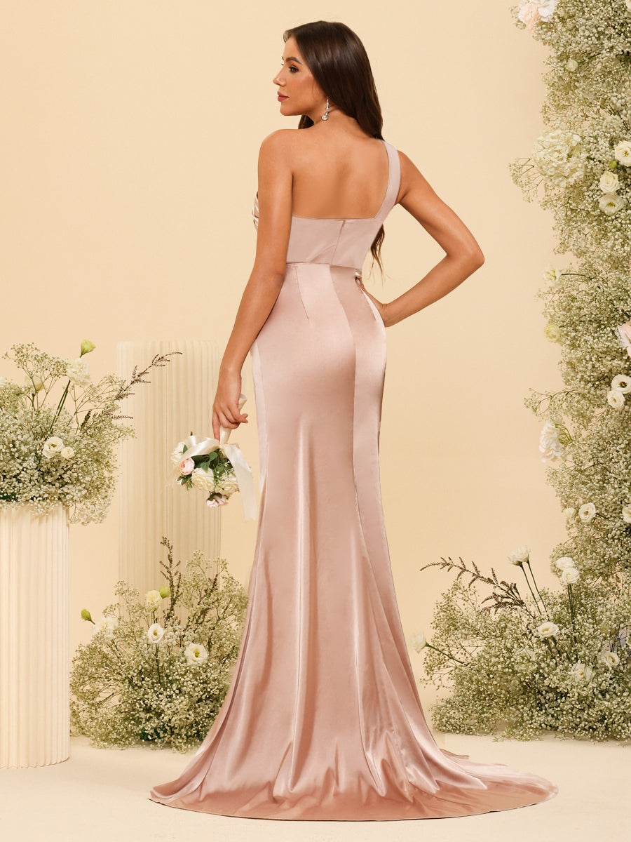 Sheath/Column One-Shoulder Long Formal Dresses with Split Side & Ruched - 画像 (2)