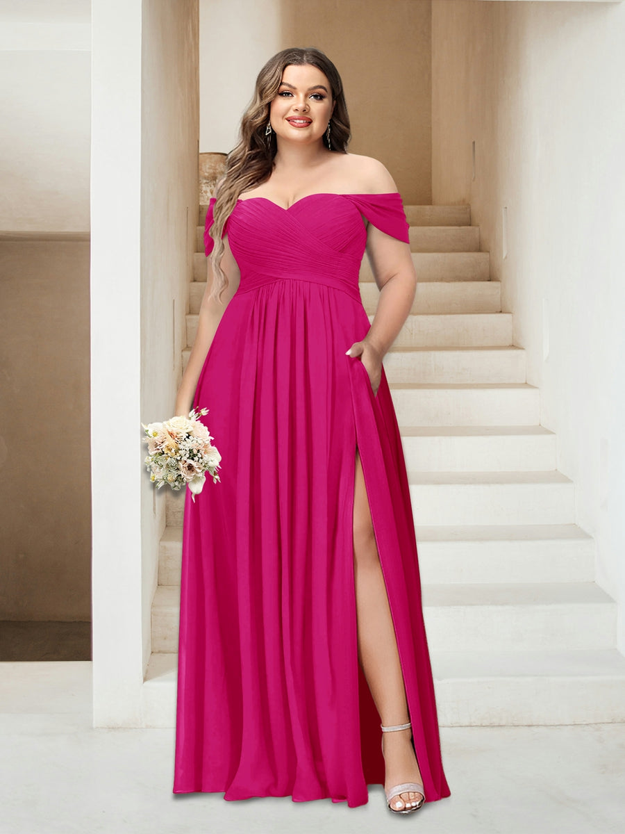 A-Line/Princess Off-the-Shoulder Sleeveless Chiffon Plus Size Bridesmaid Dresses with Pockets - Image 19