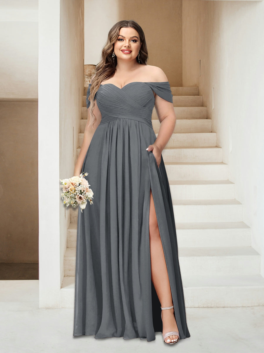 A-Line/Princess Off-the-Shoulder Sleeveless Chiffon Plus Size Bridesmaid Dresses with Pockets - Image 23