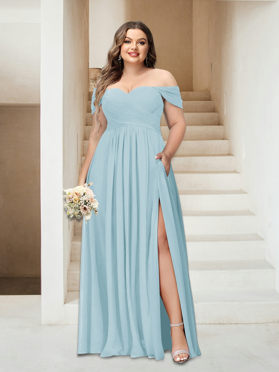 A-Line/Princess Off-the-Shoulder Sleeveless Chiffon Plus Size Bridesmaid Dresses with Pockets - Image 28