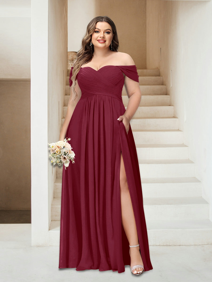 A-Line/Princess Off-the-Shoulder Sleeveless Chiffon Plus Size Bridesmaid Dresses with Pockets - Image 66