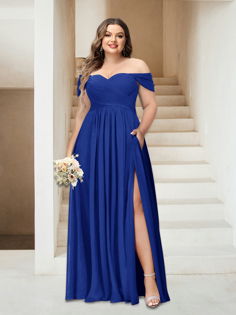 A-Line/Princess Off-the-Shoulder Sleeveless Chiffon Plus Size Bridesmaid Dresses with Pockets - Image 33