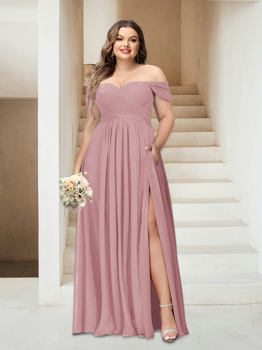 A-Line/Princess Off-the-Shoulder Sleeveless Chiffon Plus Size Bridesmaid Dresses with Pockets - Image 36