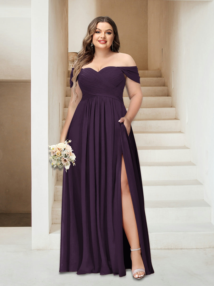 A-Line/Princess Off-the-Shoulder Sleeveless Chiffon Plus Size Bridesmaid Dresses with Pockets - Image 60