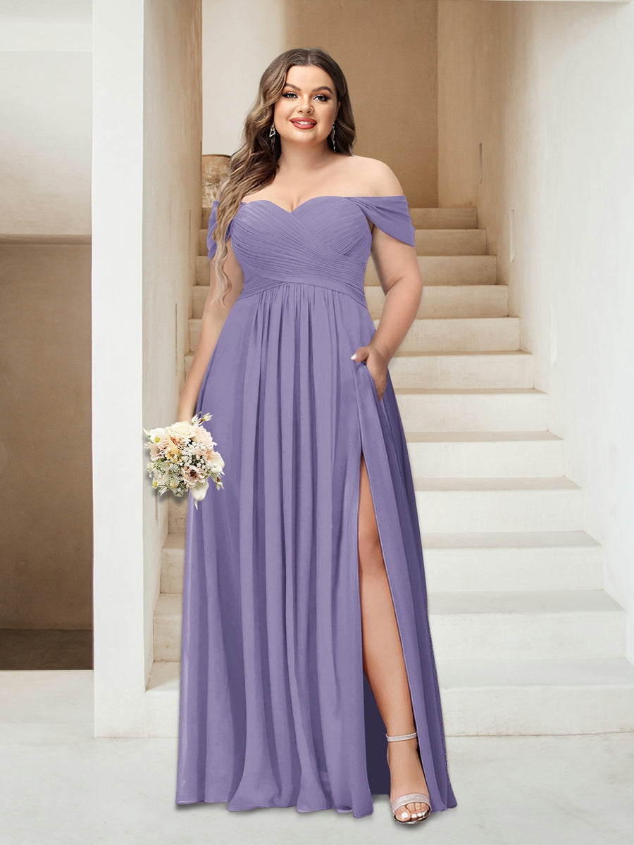 A-Line/Princess Off-the-Shoulder Sleeveless Chiffon Plus Size Bridesmaid Dresses with Pockets - Image 67