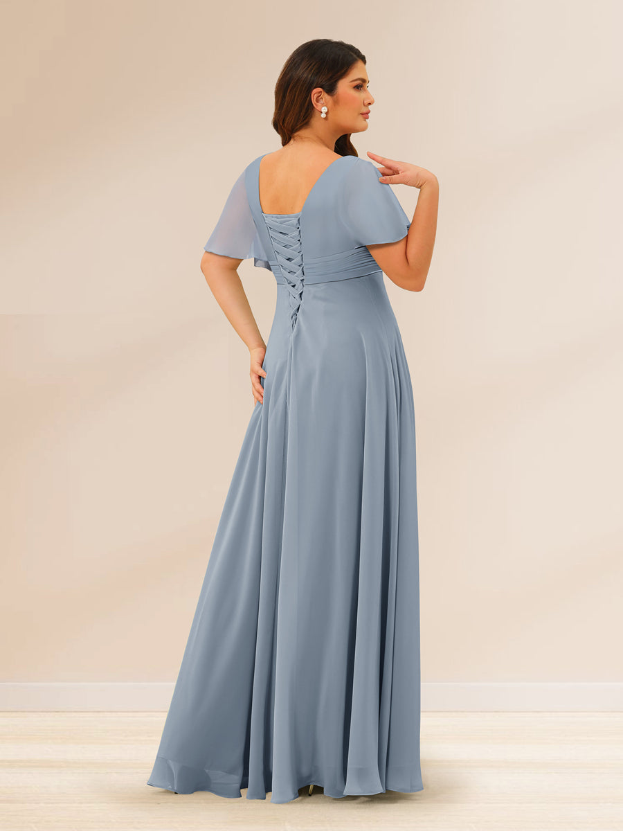 A-Line/Princess V-Neck Short Sleeves Plus Size Bridesmaid Dresses with Pockets - 画像 (2)