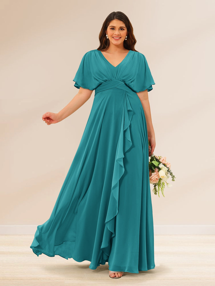 A-Line/Princess V-Neck Short Sleeves Plus Size Bridesmaid Dresses with Pockets - 画像 (47)