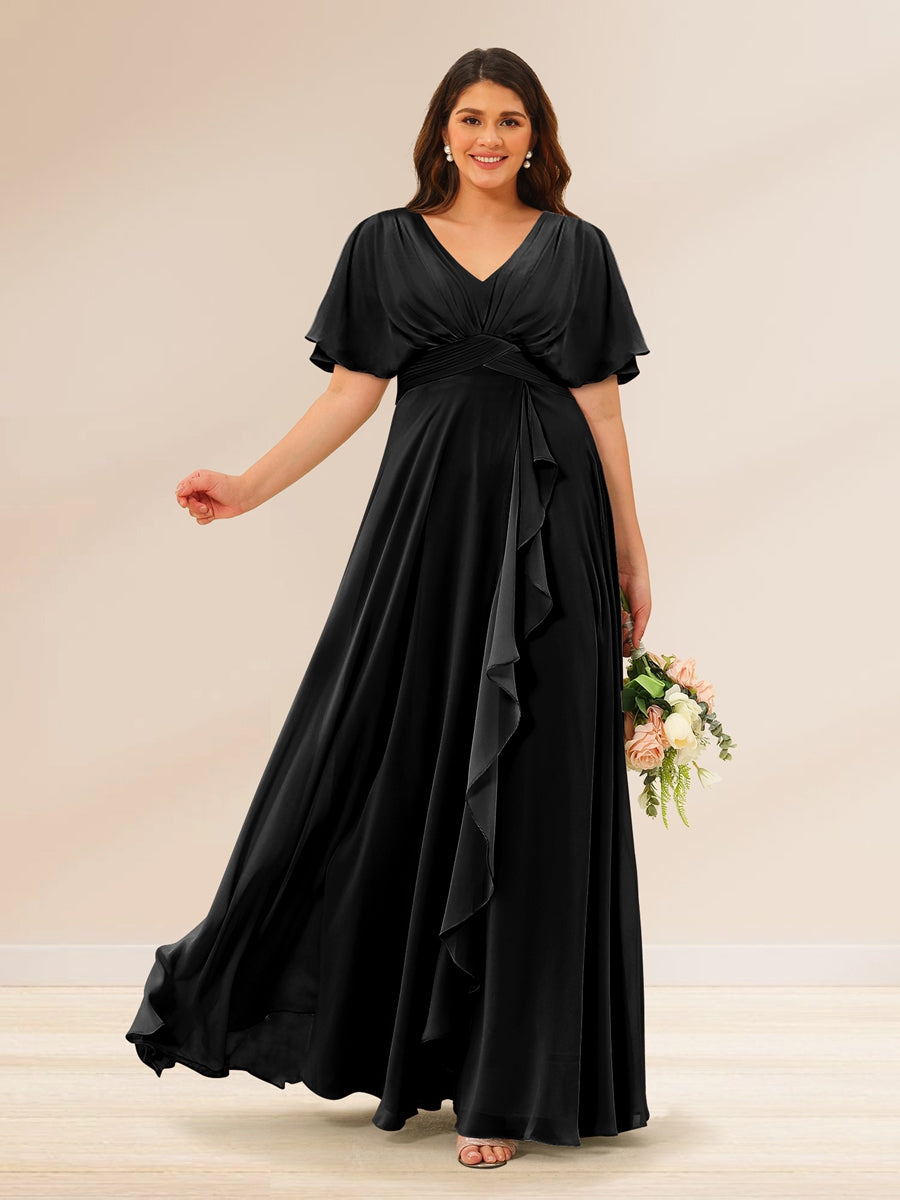 A-Line/Princess V-Neck Short Sleeves Plus Size Bridesmaid Dresses with Pockets - 画像 (13)