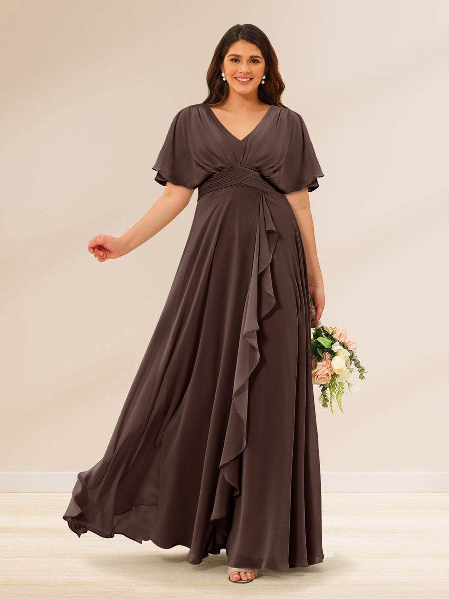A-Line/Princess V-Neck Short Sleeves Plus Size Bridesmaid Dresses with Pockets - 画像 (71)
