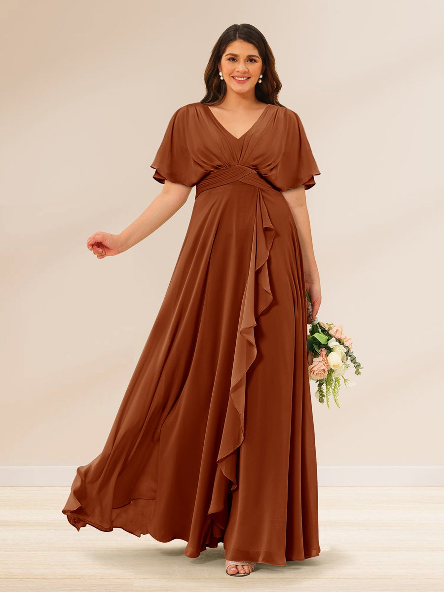 A-Line/Princess V-Neck Short Sleeves Plus Size Bridesmaid Dresses with Pockets - 画像 (5)