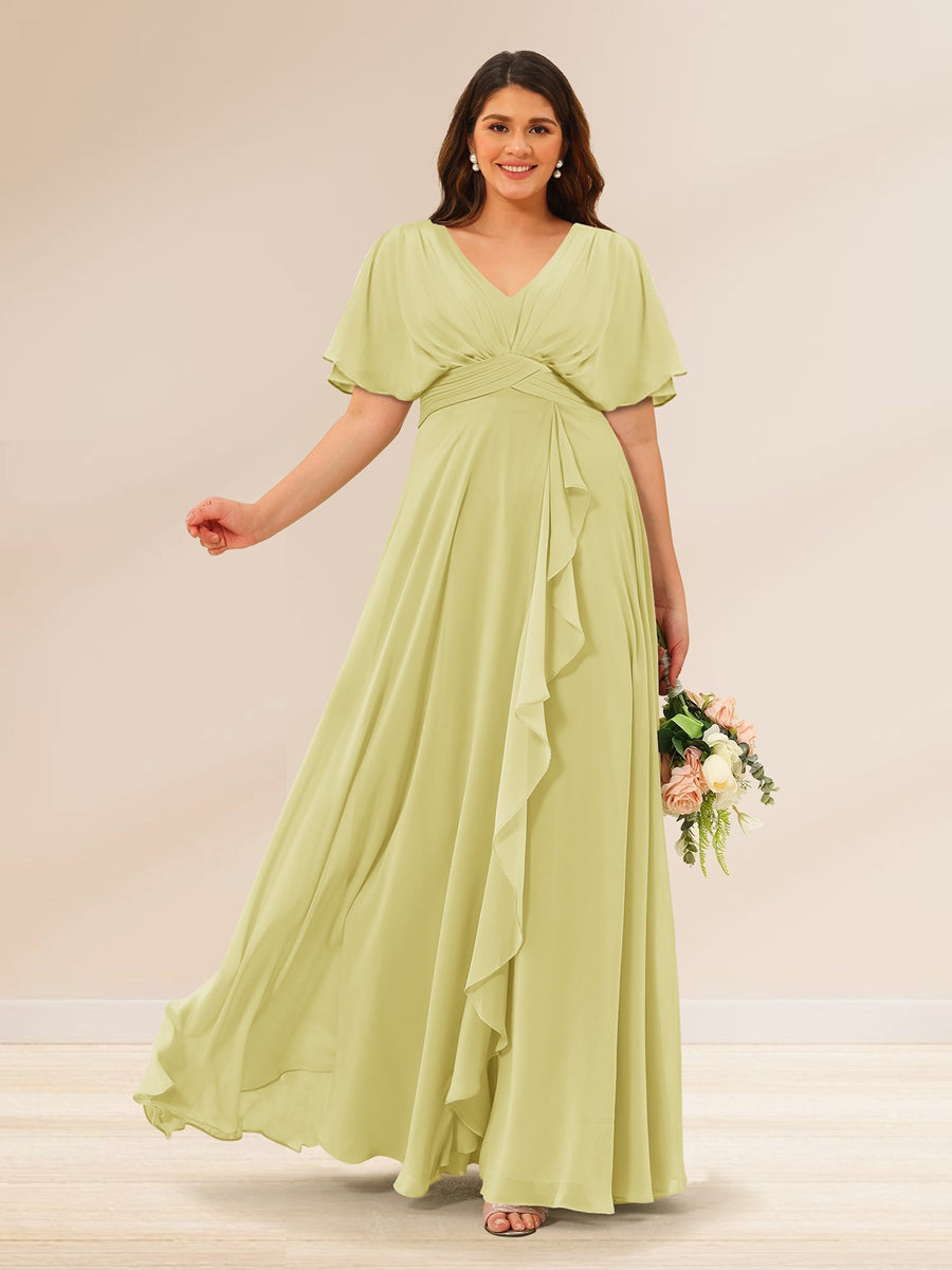 A-Line/Princess V-Neck Short Sleeves Plus Size Bridesmaid Dresses with Pockets - 画像 (64)