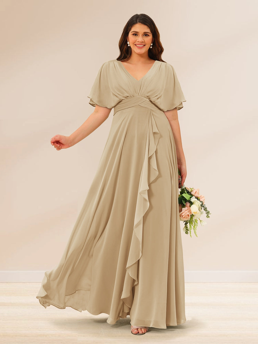 A-Line/Princess V-Neck Short Sleeves Plus Size Bridesmaid Dresses with Pockets - 画像 (19)