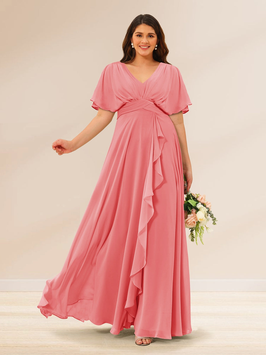 A-Line/Princess V-Neck Short Sleeves Plus Size Bridesmaid Dresses with Pockets - 画像 (27)