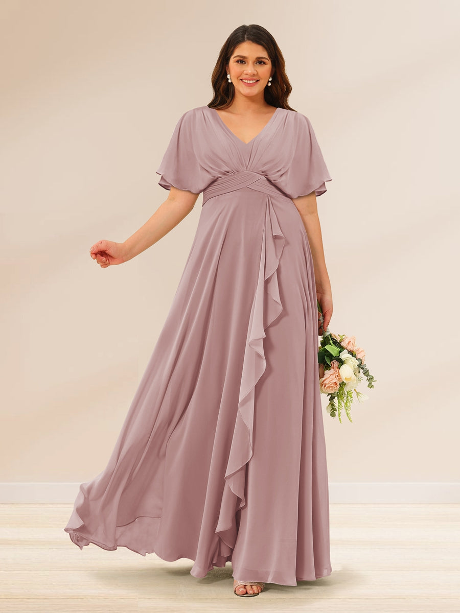 A-Line/Princess V-Neck Short Sleeves Plus Size Bridesmaid Dresses with Pockets - 画像 (25)