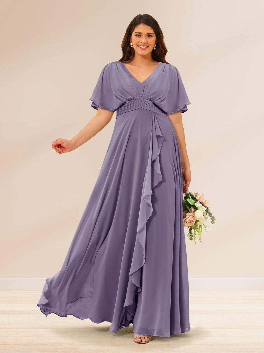 A-Line/Princess V-Neck Short Sleeves Plus Size Bridesmaid Dresses with Pockets - 画像 (35)