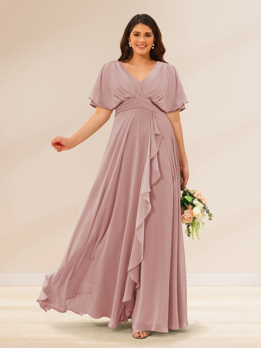 A-Line/Princess V-Neck Short Sleeves Plus Size Bridesmaid Dresses with Pockets - 画像 (4)
