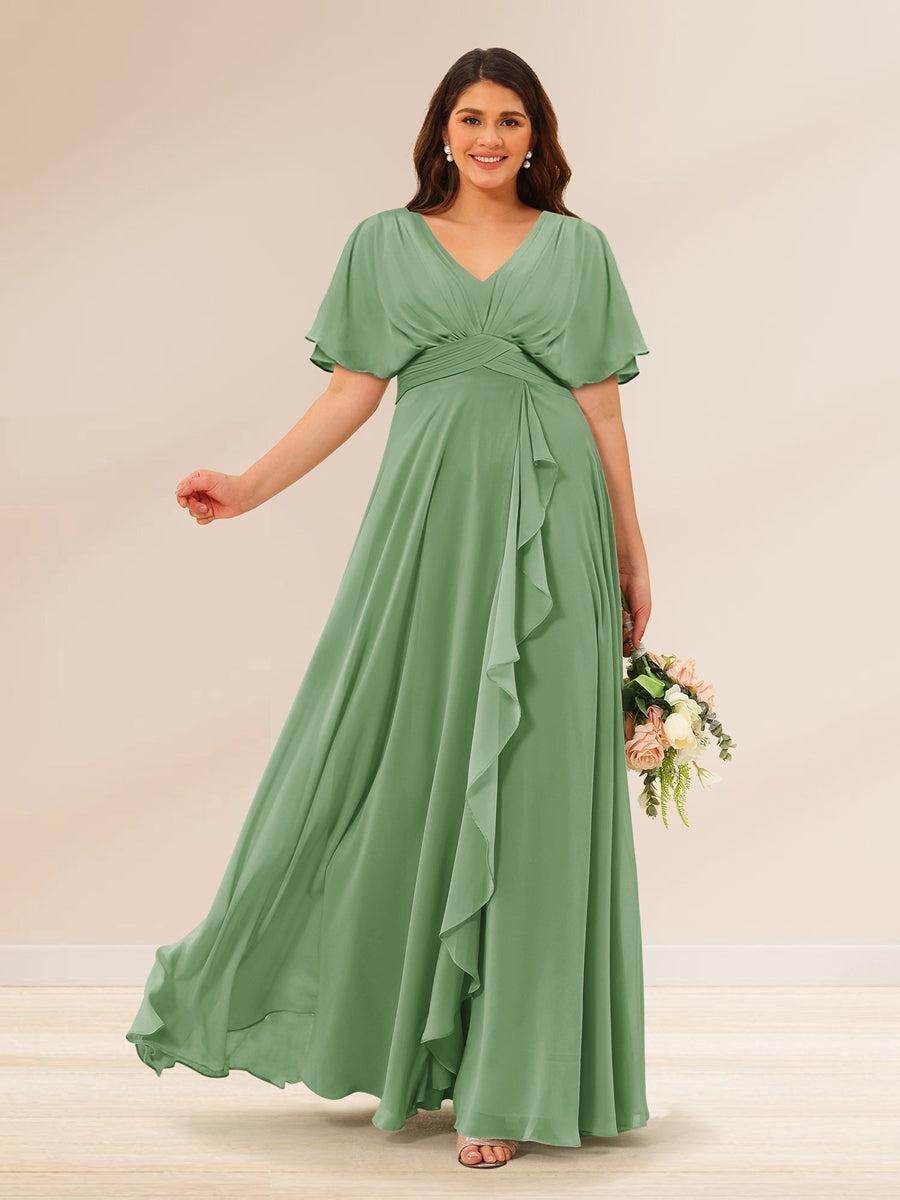 A-Line/Princess V-Neck Short Sleeves Plus Size Bridesmaid Dresses with Pockets - 画像 (11)