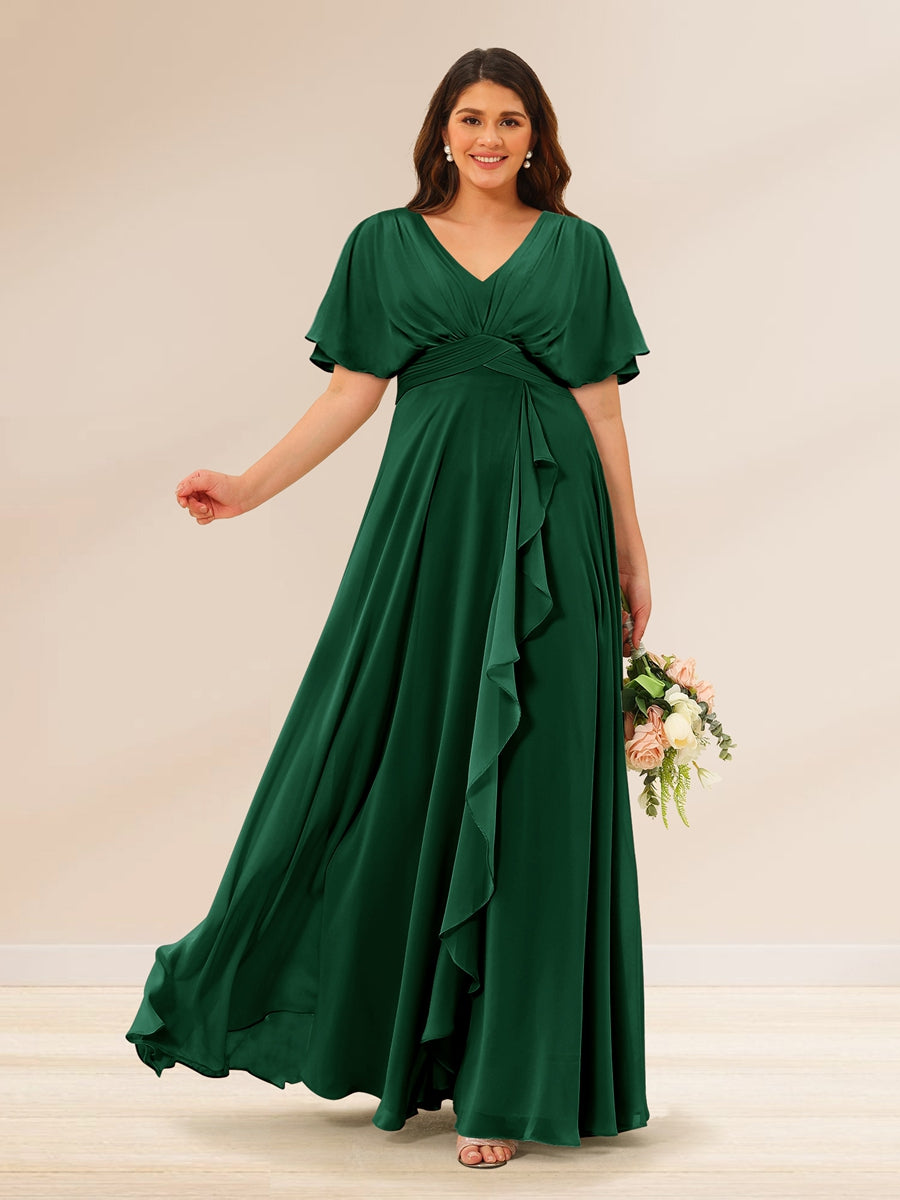 A-Line/Princess V-Neck Short Sleeves Plus Size Bridesmaid Dresses with Pockets - 画像 (62)