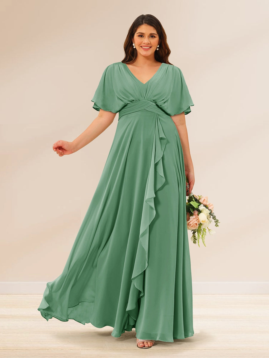 A-Line/Princess V-Neck Short Sleeves Plus Size Bridesmaid Dresses with Pockets - 画像 (12)