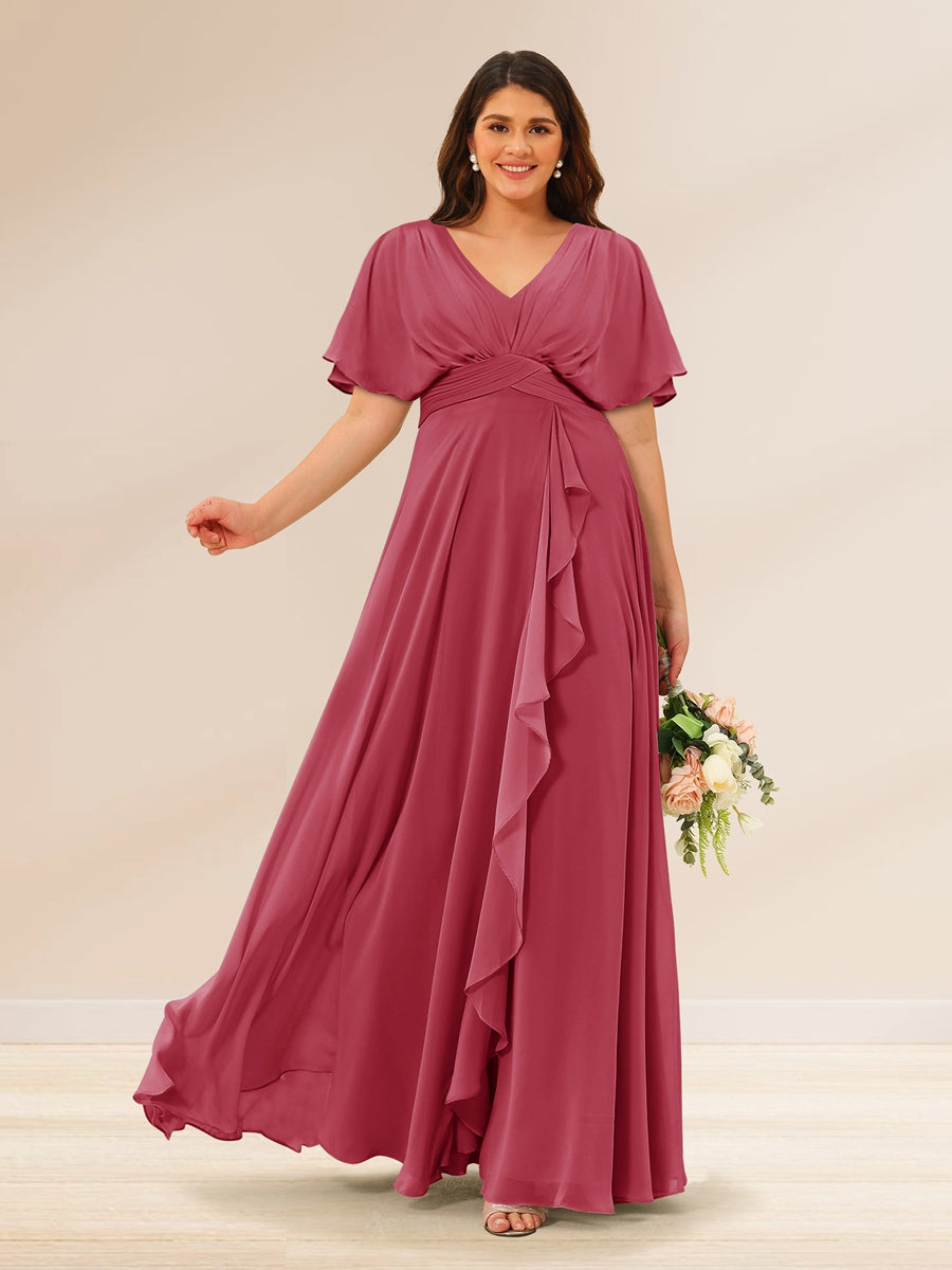 A-Line/Princess V-Neck Short Sleeves Plus Size Bridesmaid Dresses with Pockets - 画像 (29)