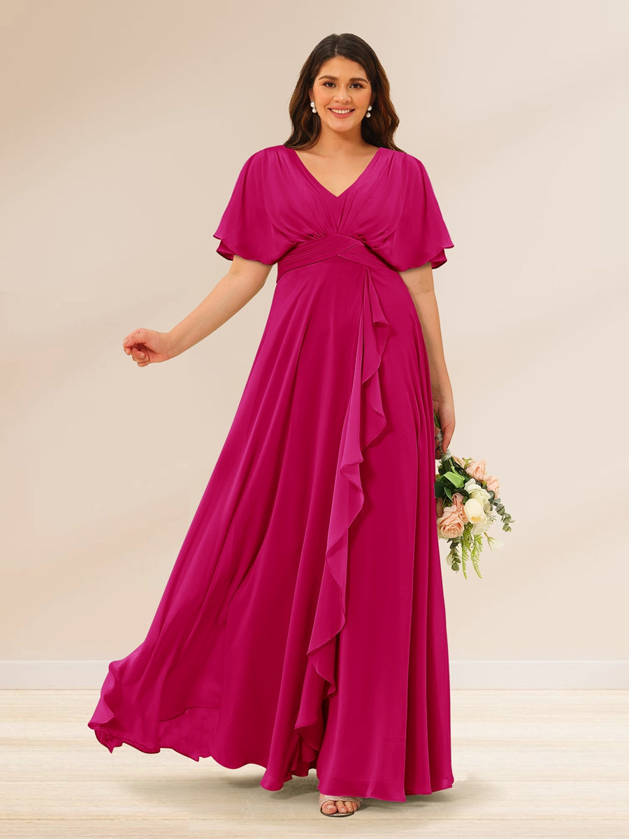 A-Line/Princess V-Neck Short Sleeves Plus Size Bridesmaid Dresses with Pockets - 画像 (30)